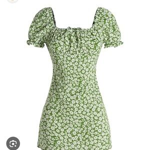 Green Floral Puff Sleeve Dress